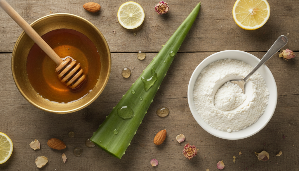 A flat lay of ingredients for a DIY face mask a cut aloe vera leaf a small bowl of honey a bowl of rice flour and a mixi