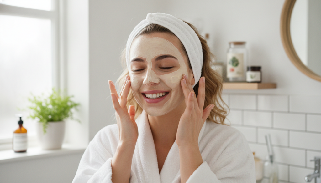 A woman applying a homemade face mask to her clean smiling face with a bowl of natural ingredients like aloe vera and ho