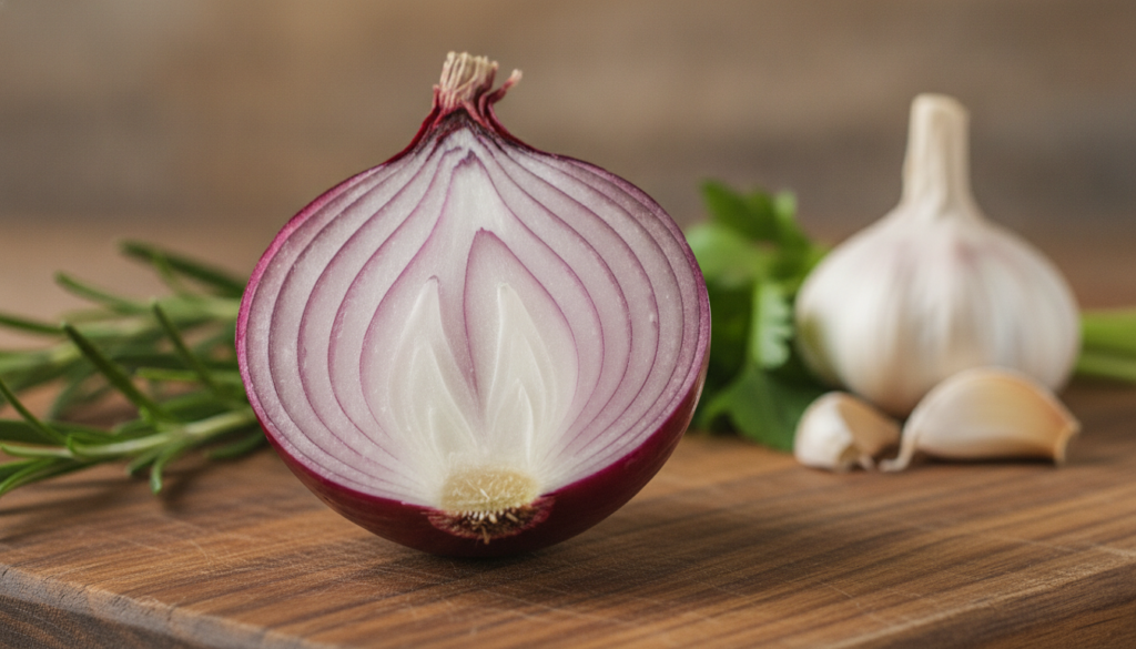 A vibrant fresh onion cut open to show its layers alongside other healthy ingredients in a rustic kitchen setting