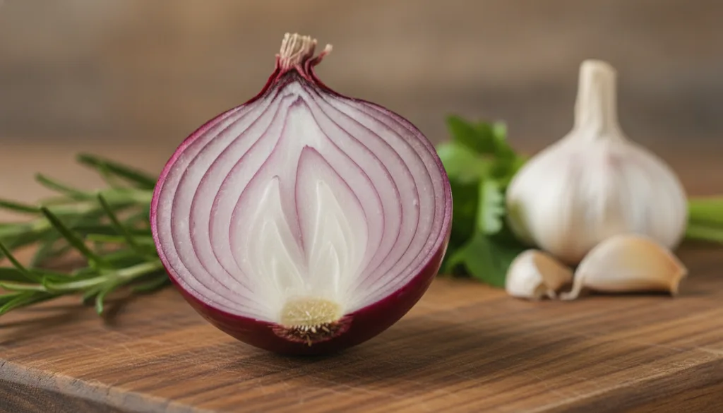 A vibrant fresh onion cut open to show its layers alongside other healthy ingredients in a rustic kitchen setting