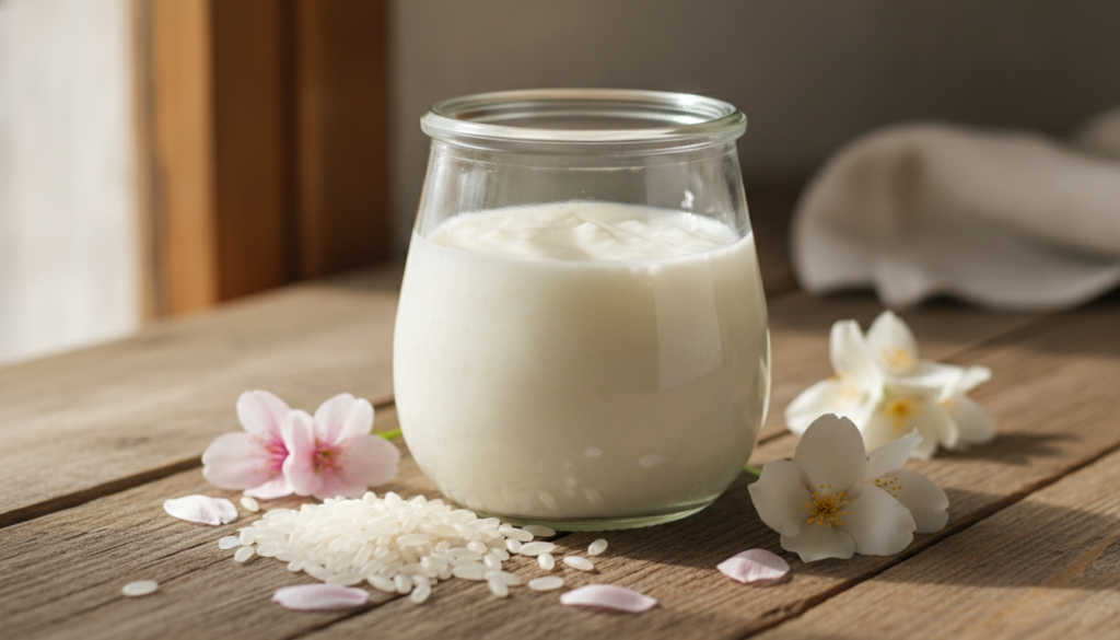 A beautiful jar of homemade rice cream with fresh rice grains and a few petals around it set on a natural wooden surface