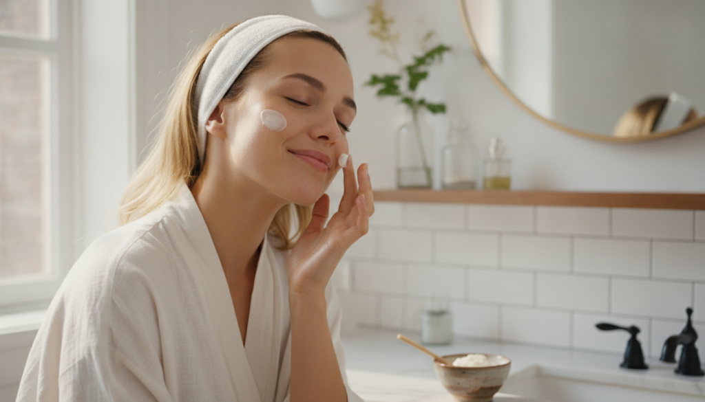 A woman applying a small amount of DIY rice cream to her face showing smooth glowing skin