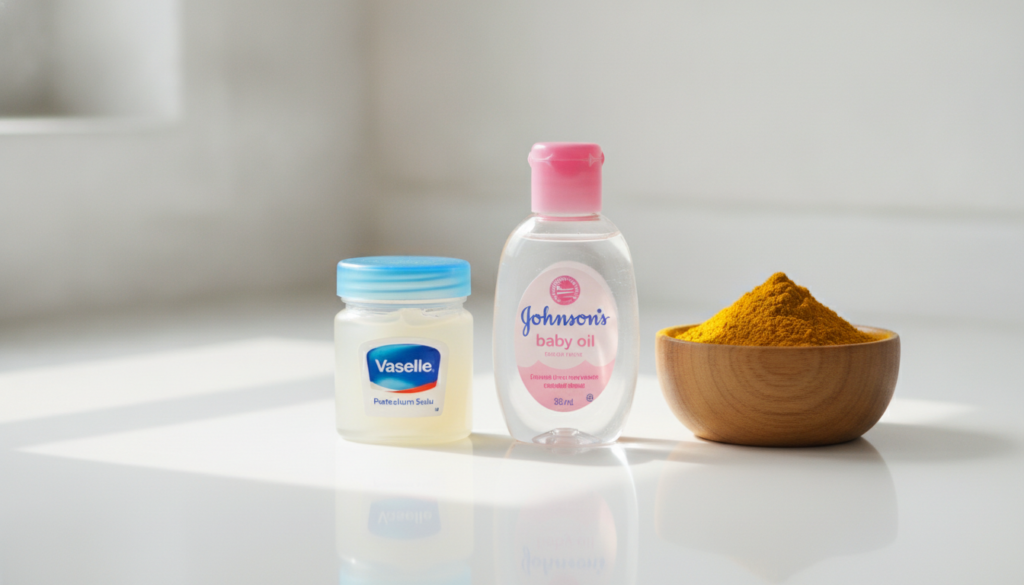 Ingredients for DIY collagen cream a jar of Vaseline a bottle of baby oil and a small bowl of turmeric powder arranged n