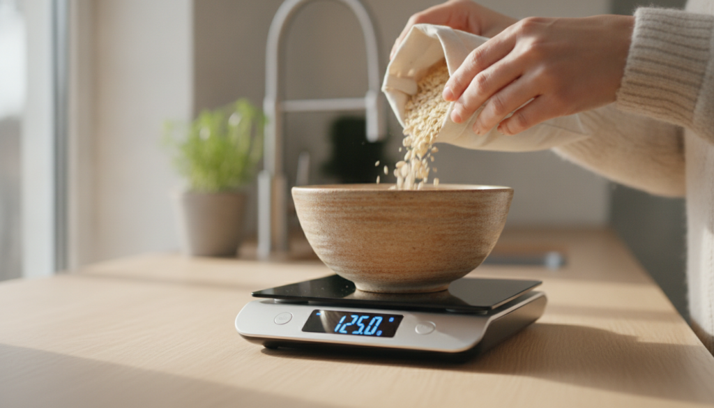 A close-up shot of a person using a digital food scale to weigh dry oats in a bowl with a measuring cup and a small bag 