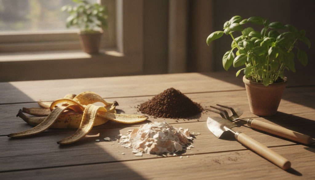 A collection of common kitchen scraps like banana peels eggshells and coffee grounds on a rustic wooden table alongside 