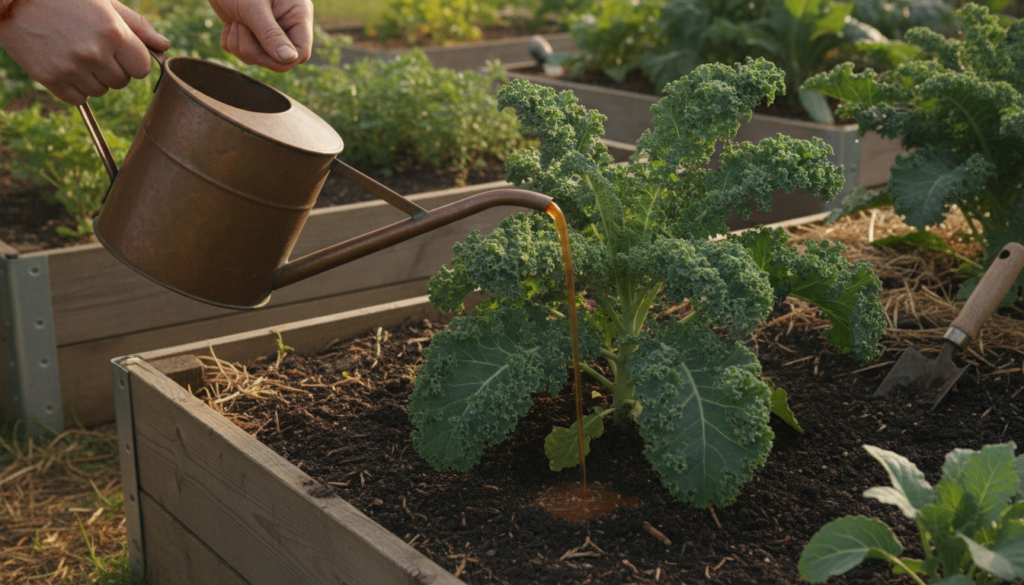 A gardener gently pouring diluted compost tea from a watering can onto the soil around a healthy leafy vegetable plant i