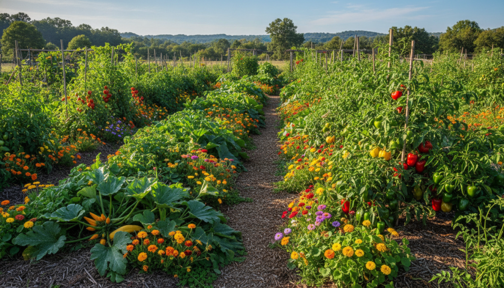 A vibrant and bountiful organic vegetable garden showcasing lush green plants colorful flowers and ripe vegetables under