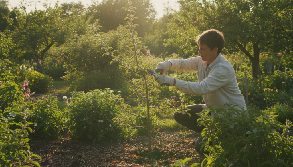 A person demonstrating proper fruit tree pruning techniques possibly using hand pruners or loppers on a branch with a he