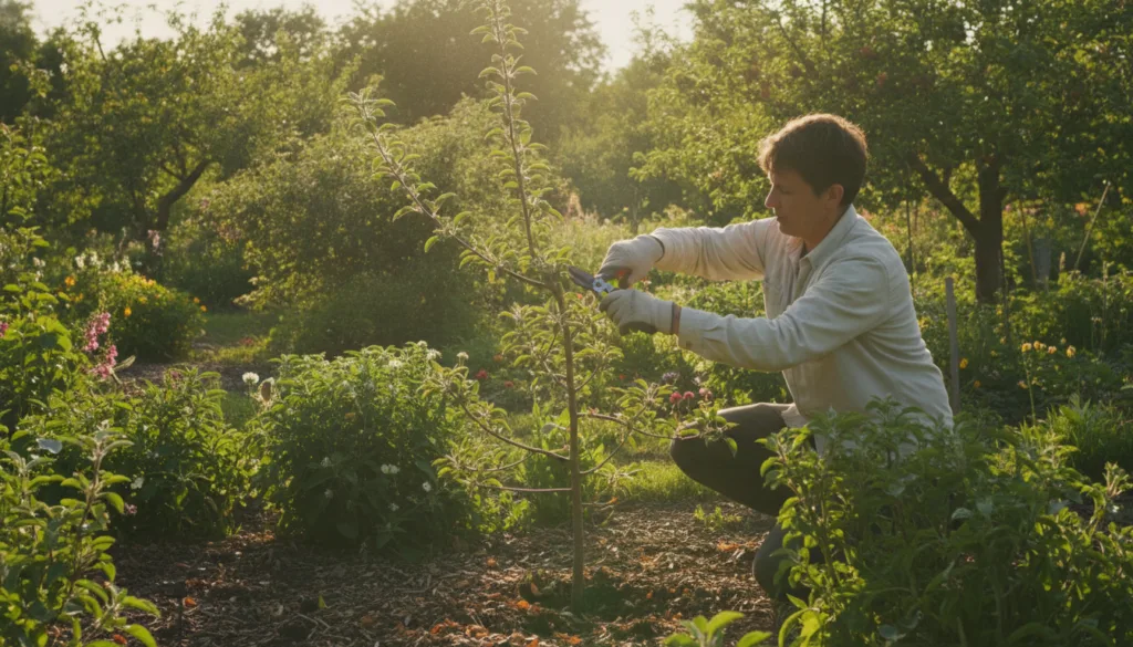 A person demonstrating proper fruit tree pruning techniques possibly using hand pruners or loppers on a branch with a he