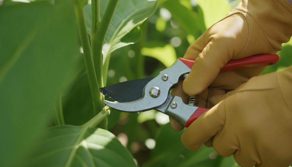 A gardener demonstrating how to make a clean pruning cut on a plant stem with bypass pruners