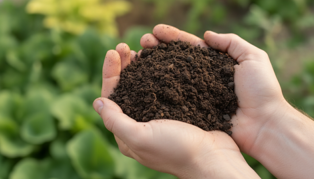 A person s hands gently holding a small clump of dark rich garden soil with a blurred background of green plants suggest