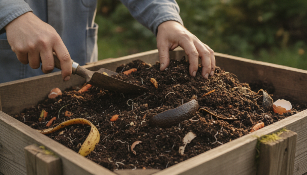 A person s hands mixing homemade compost in a garden setting with various natural ingredients visible like fruit peels a