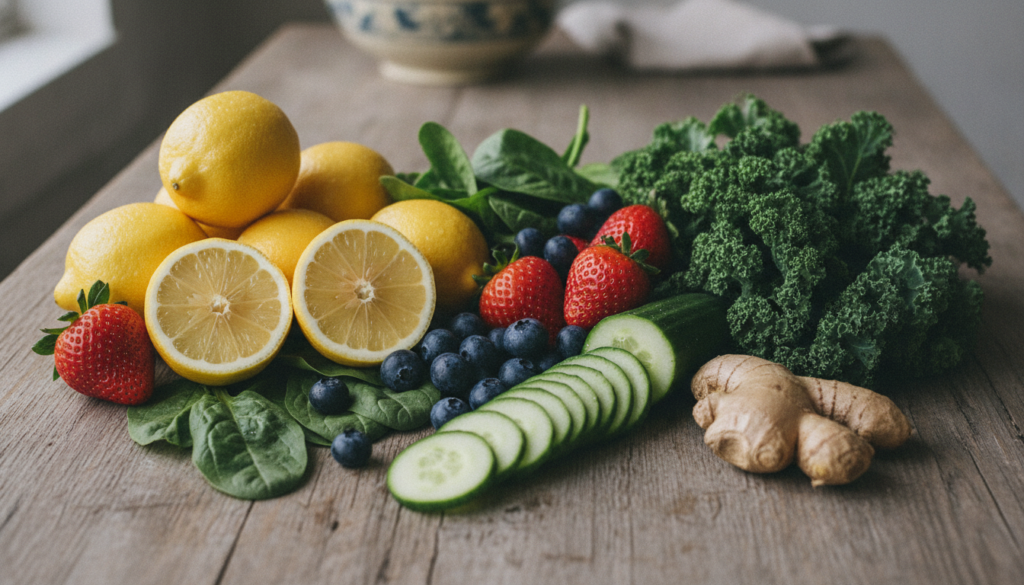 A colorful array of fresh fruits and vegetables commonly associated with detox such as lemons berries leafy greens cucum