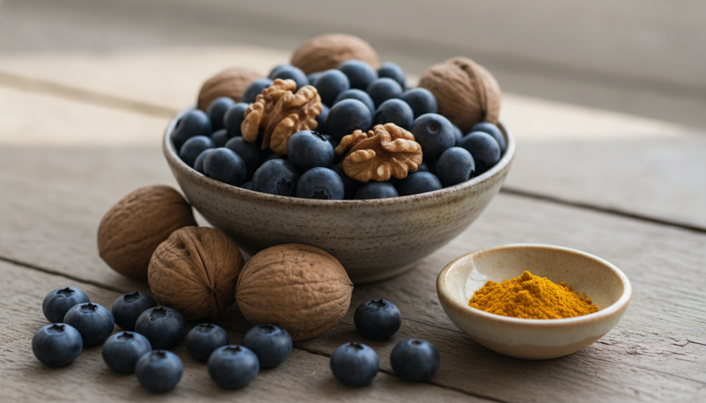 A close-up of a bowl of fresh blueberries next to a handful of walnuts and a small dish of turmeric powder indicating br