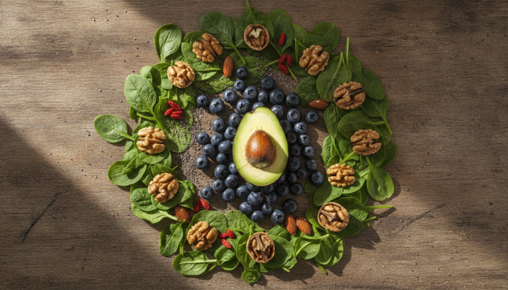 A vibrant and colorful overhead shot of various superfoods on a wooden table including berries leafy greens nuts seeds a