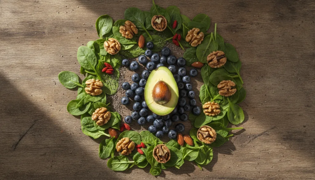 A vibrant and colorful overhead shot of various superfoods on a wooden table including berries leafy greens nuts seeds a