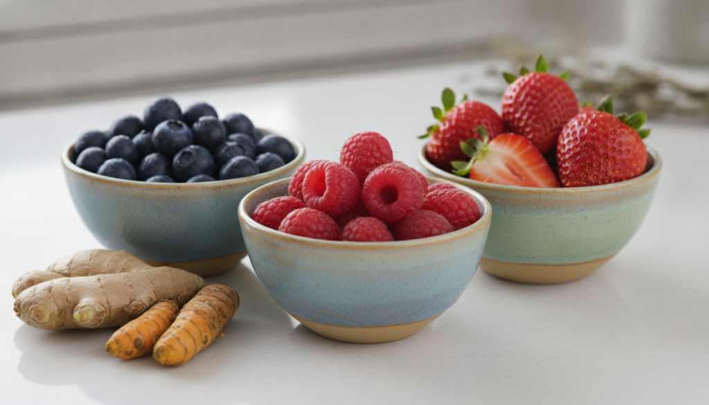 A close-up of a variety of colorful fresh berries blueberries raspberries strawberries in small bowls alongside a piece