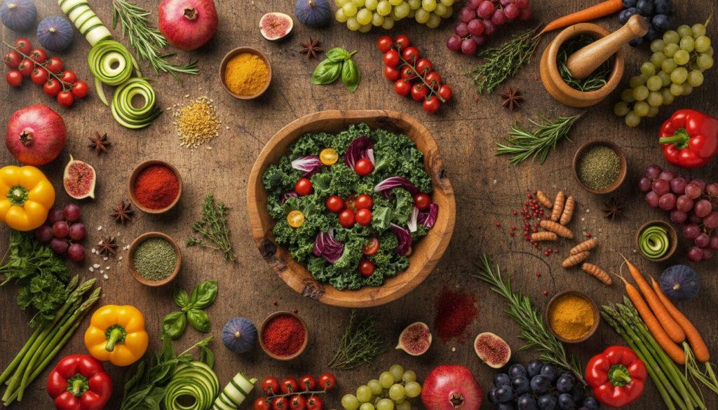 A beautiful overhead shot of various natural ingredients like herbs spices fresh fruits and vegetables arranged artfully