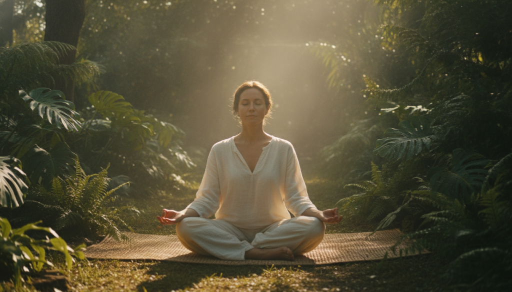 A serene outdoor scene with a person practicing gentle yoga or meditation on a mat surrounded by lush greenery symbolizi