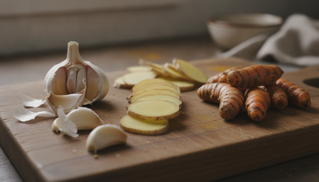 A variety of fresh healthy ingredients on a cutting board including garlic cloves sliced ginger and whole turmeric roots