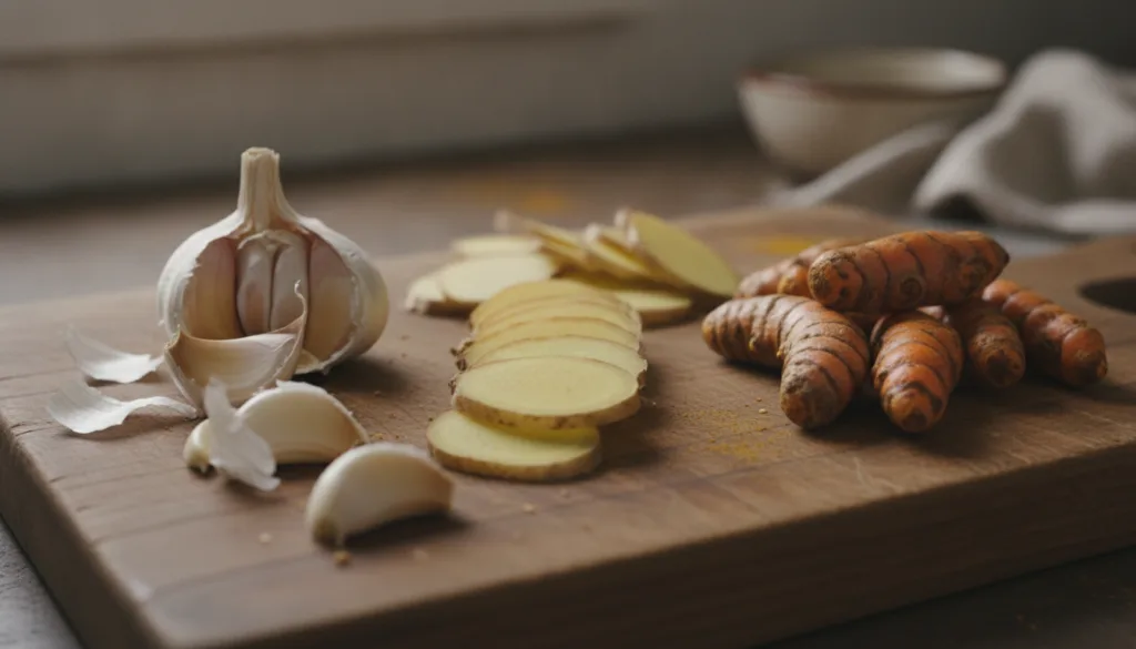 A variety of fresh healthy ingredients on a cutting board including garlic cloves sliced ginger and whole turmeric roots