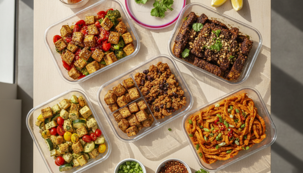 A variety of marinated vegan proteins tofu tempeh seitan in colorful bowls ready for cooking showcasing different marina