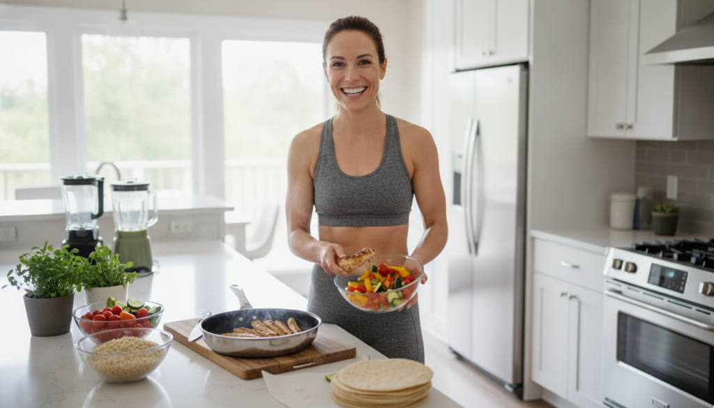 A person preparing a quick healthy post-workout meal in a modern kitchen They are smiling holding ingredients like a pie