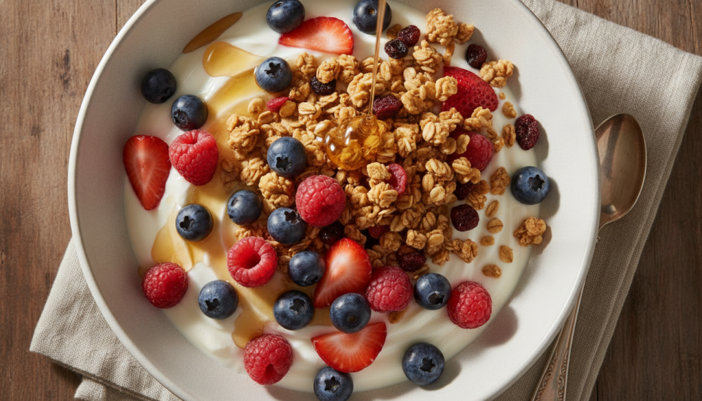 A bowl of Greek yogurt topped with fresh berries granola and a drizzle of honey indicating a healthy breakfast option