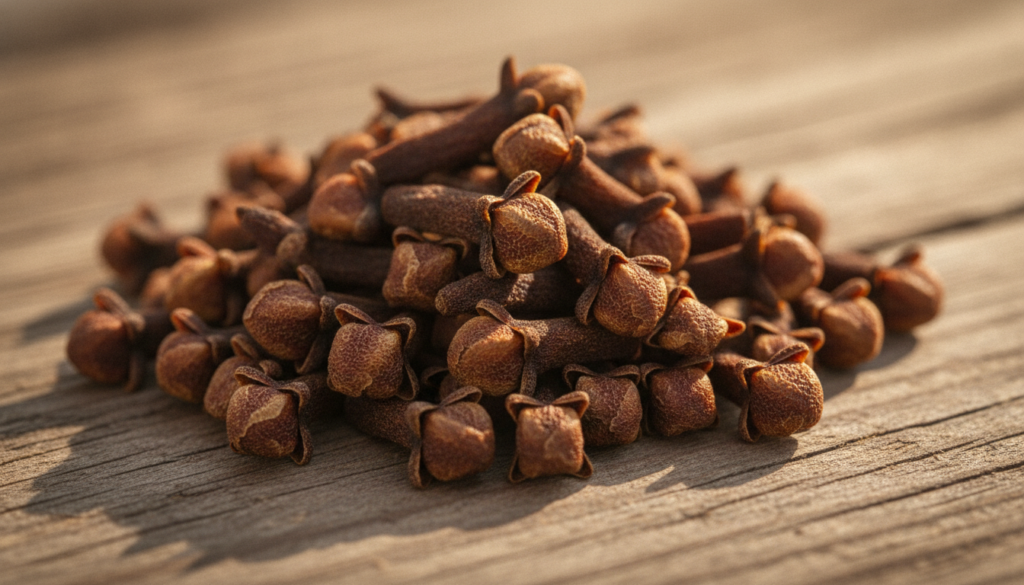 A close-up of dried whole cloves showcasing their unique shape and texture possibly in a small pile on a rustic surface
