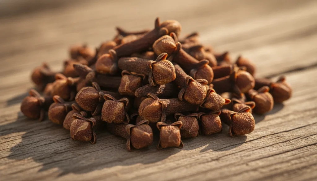 A close-up of dried whole cloves showcasing their unique shape and texture possibly in a small pile on a rustic surface