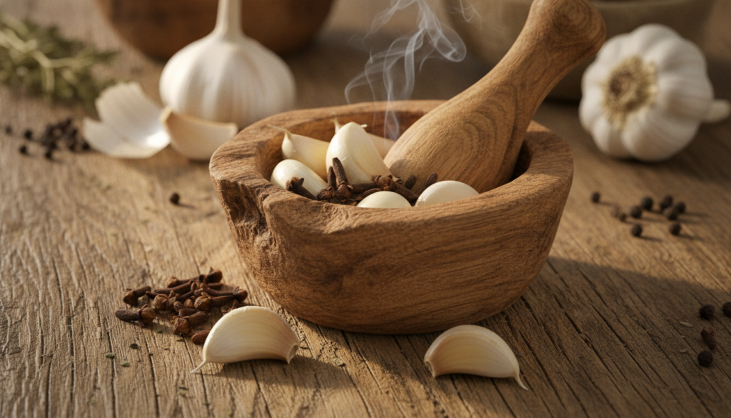 A close-up of fresh garlic cloves and dried cloves arranged with a mortar and pestle on a rustic wooden table suggesting
