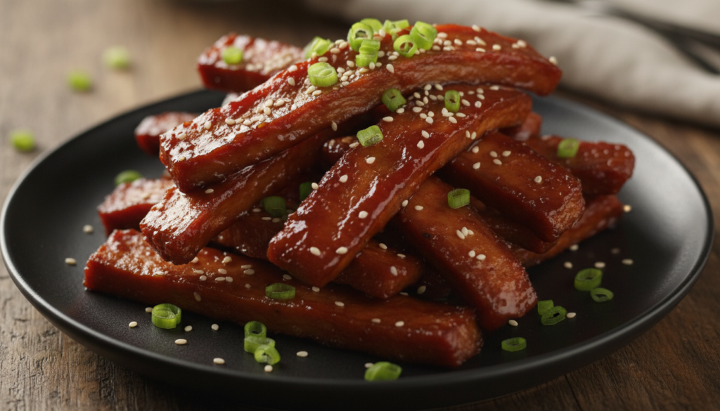 Glazed roasted seitan strips coated in a sweet and savory vegan Char Siu marinade garnished with sesame seeds and fresh