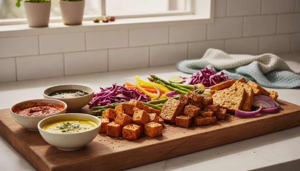 A vibrant array of marinated plant-based ingredients tofu tempeh colorful vegetables arranged on a cutting board with sm
