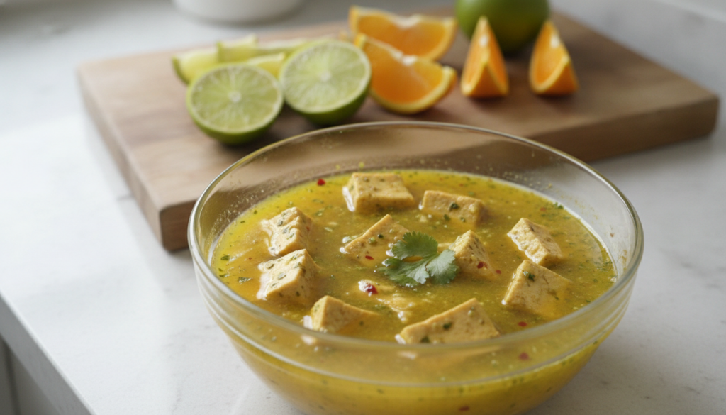 Pressed tofu cubes marinating in a zesty bright yellow Cuban-inspired Mojo marinade in a glass bowl with fresh lime and