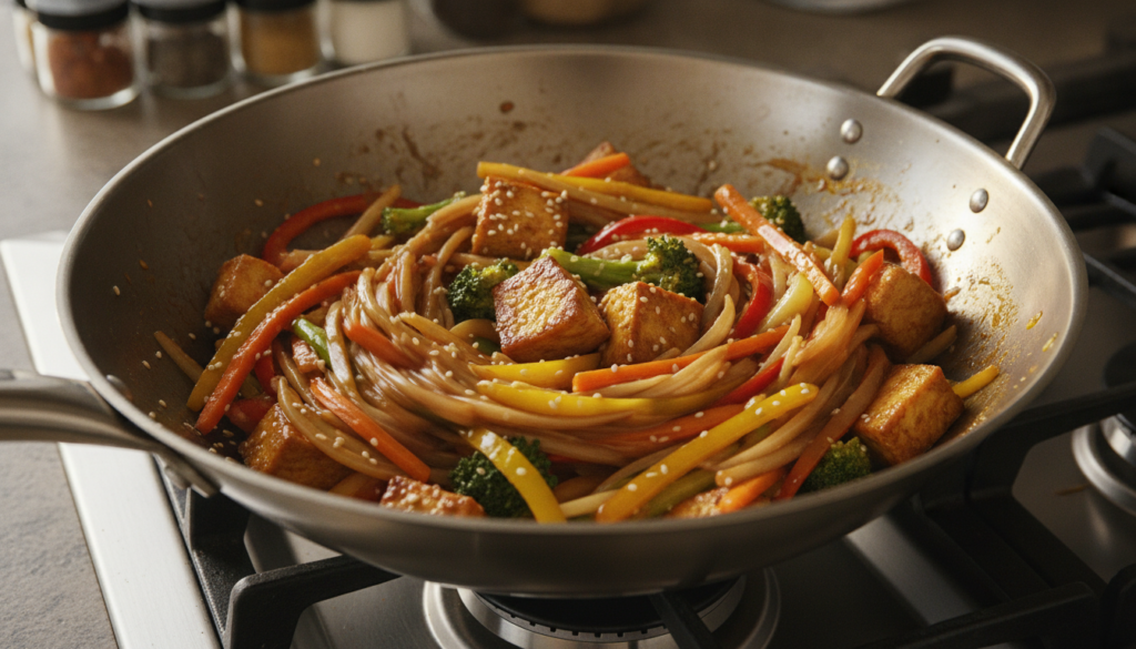 A colorful vegan stir-fry featuring marinated tofu and various vegetables broccoli carrots bell peppers glistening with
