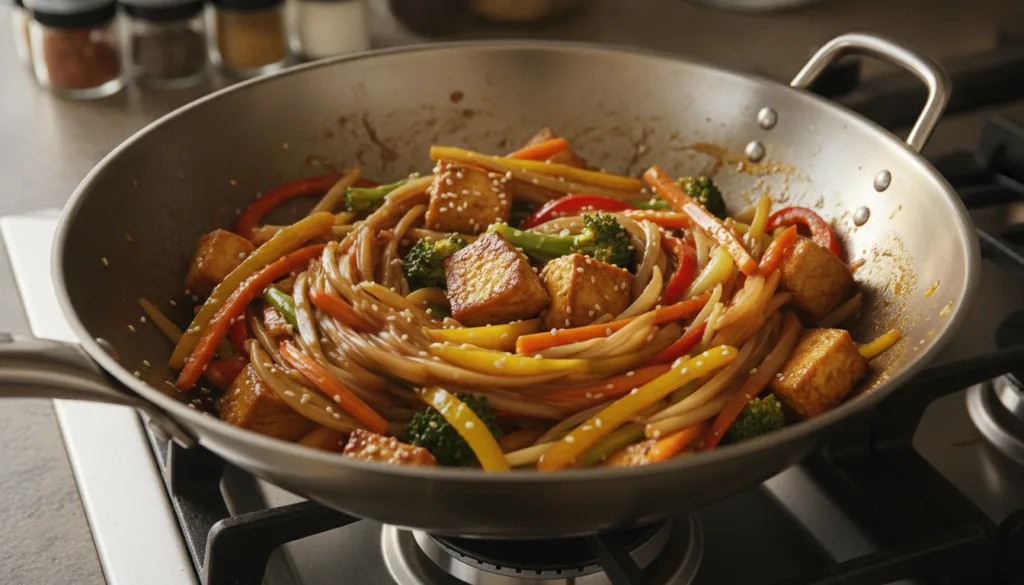 A colorful vegan stir-fry featuring marinated tofu and various vegetables broccoli carrots bell peppers glistening with 
