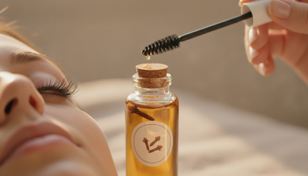 A hand applying clove-infused oil to eyelashes with a mascara wand with a small bottle of the oil visible