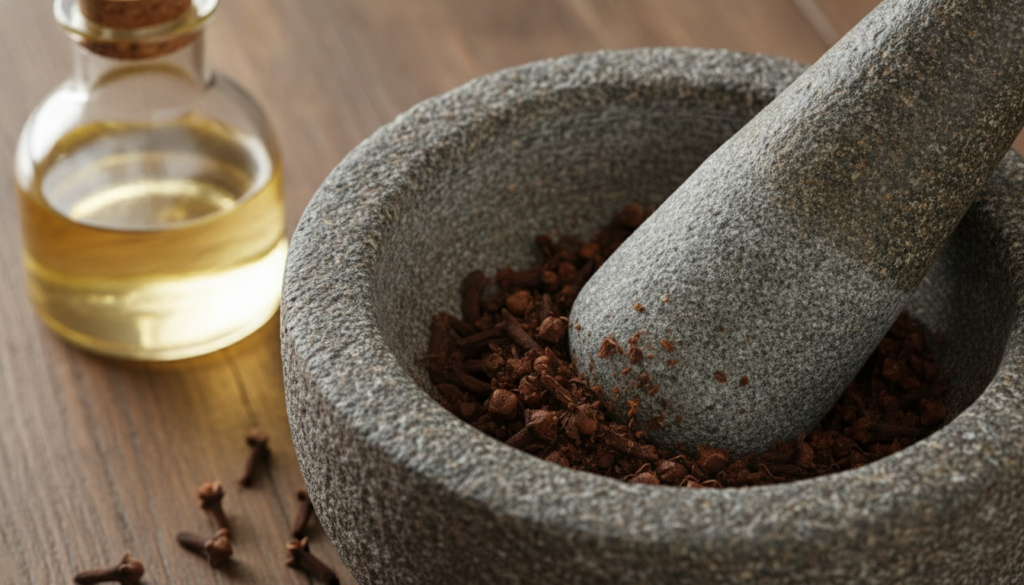 A close-up of whole cloves being lightly crushed in a mortar and pestle with a glass bottle of castor oil in the backgro