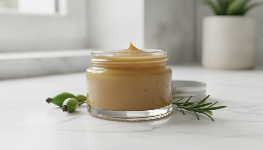 A small clear glass jar filled with the prepared Vaseline anti-aging balm showing a smooth slightly brownish texture