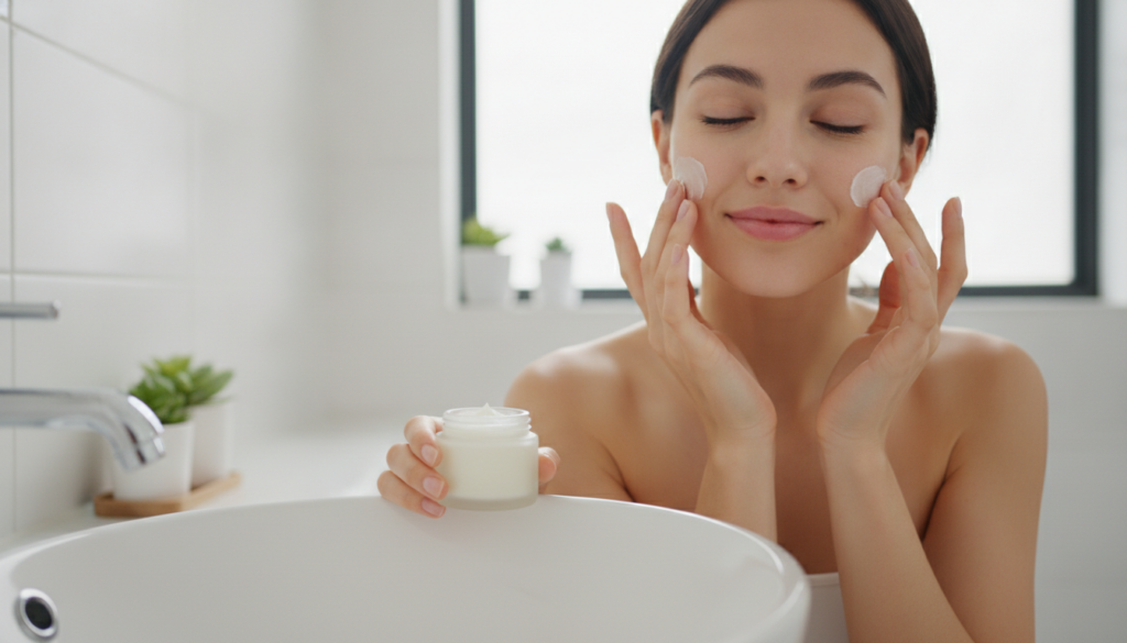 A woman gently massaging a small amount of balm onto her face focusing on her cheek area with a soft glowing complexion