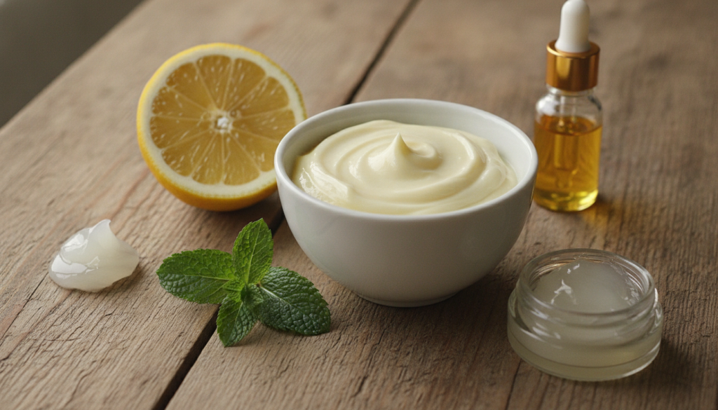 A close-up of a small bowl containing a creamy light yellow DIY face mask with a lemon wedge a sprig of fresh mint a sma