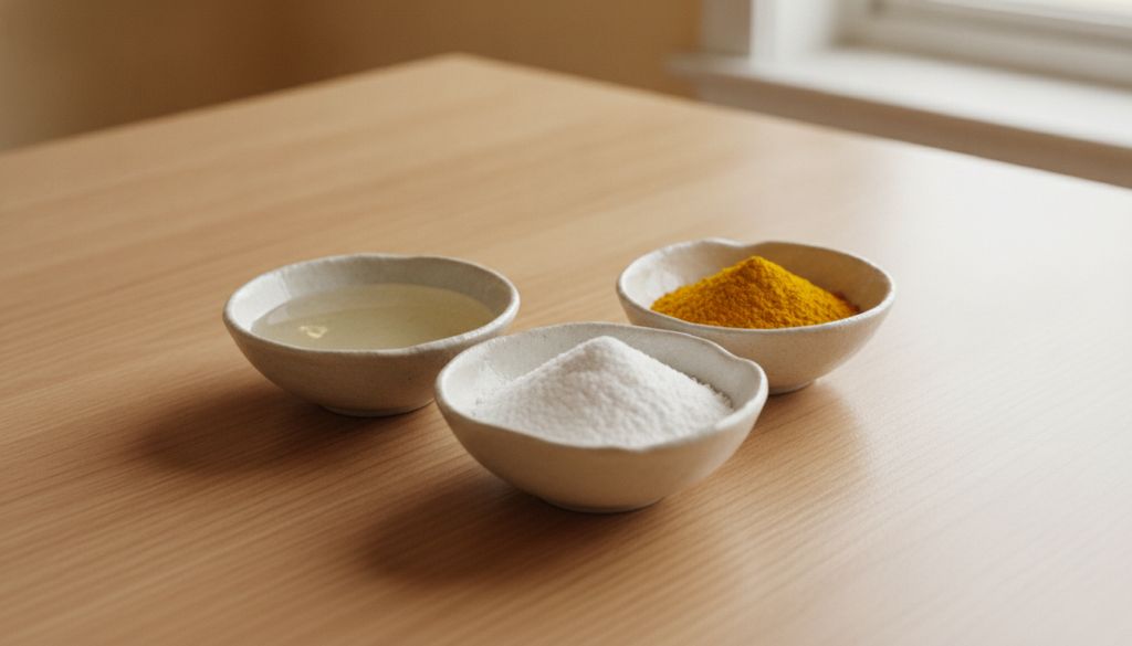 Three small bowls on a wooden surface showing castor oil baking soda and turmeric powder separately
