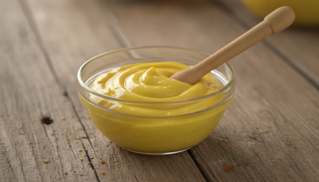 Close-up of a small bowl containing a yellow paste with a wooden stirring stick
