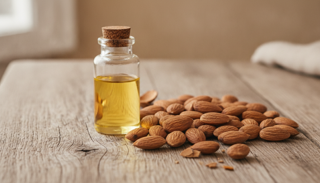Close-up of a small glass bottle of almond oil with some almonds beside it on a wooden surface