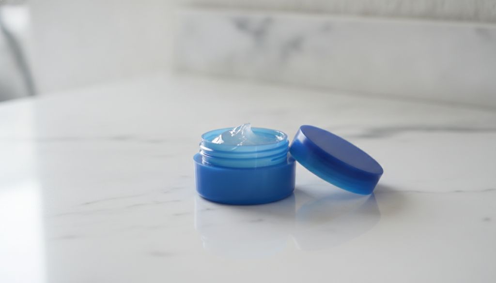 A small open jar of Vaseline petroleum jelly on a clean white surface