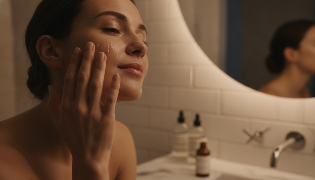 A woman gently applying a homemade serum or oil to her face at night with natural ingredients like almond oil and lemon 