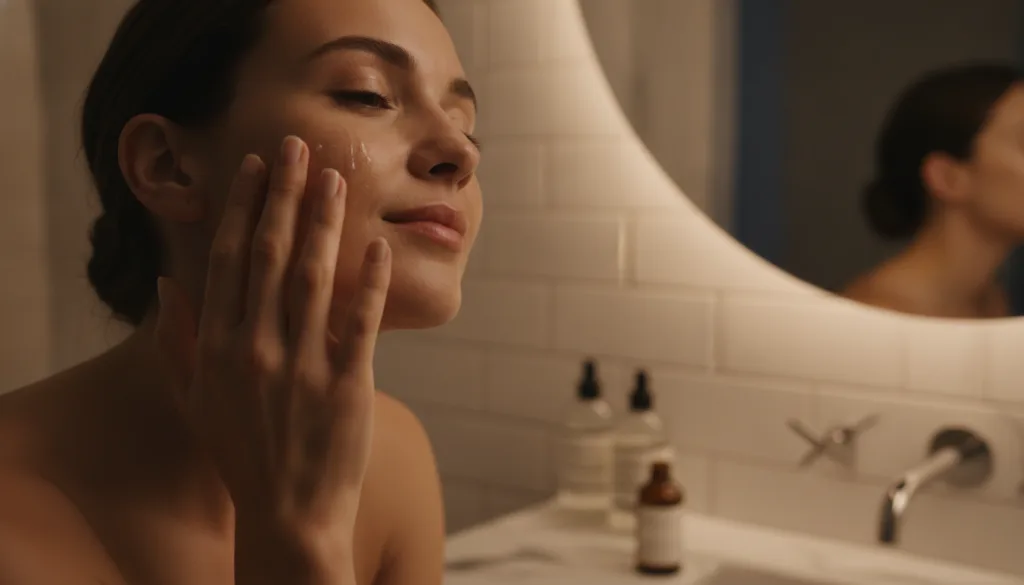 A woman gently applying a homemade serum or oil to her face at night with natural ingredients like almond oil and lemon 