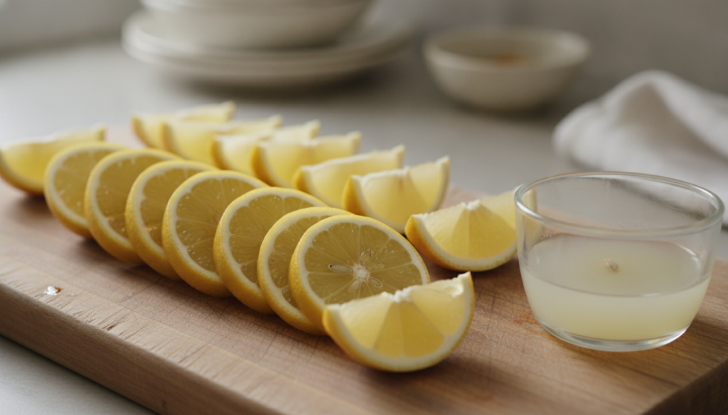 Sliced fresh lemons on a cutting board with a small bowl of lemon juice nearby