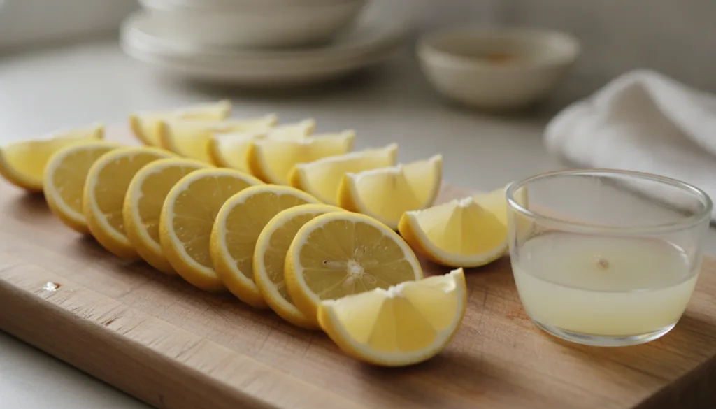 Sliced fresh lemons on a cutting board with a small bowl of lemon juice nearby