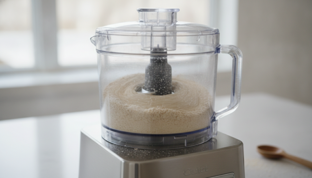 A close-up shot of a food processor blending rolled oats into fine oat flour with a small pile of finished oat flour nex